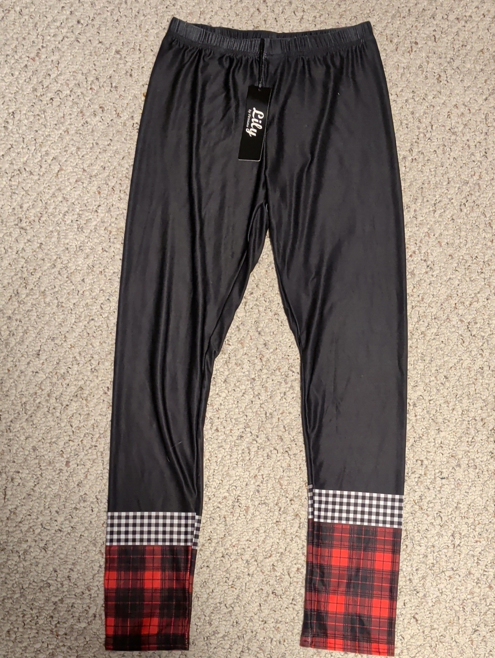 Lily Black Thermal Leggings with Red Plaid Hem